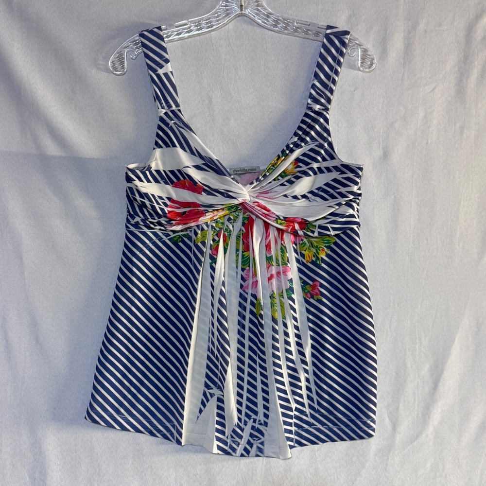 Charlotte Russe Floral Striped Top Womens Large Blue White Knot Front Y2K Summer